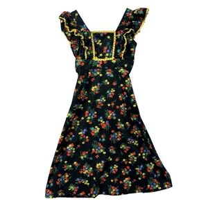 Vintage 70s Young Edwardian Black Floral Salsa Sleeveless Maxidress Size 7